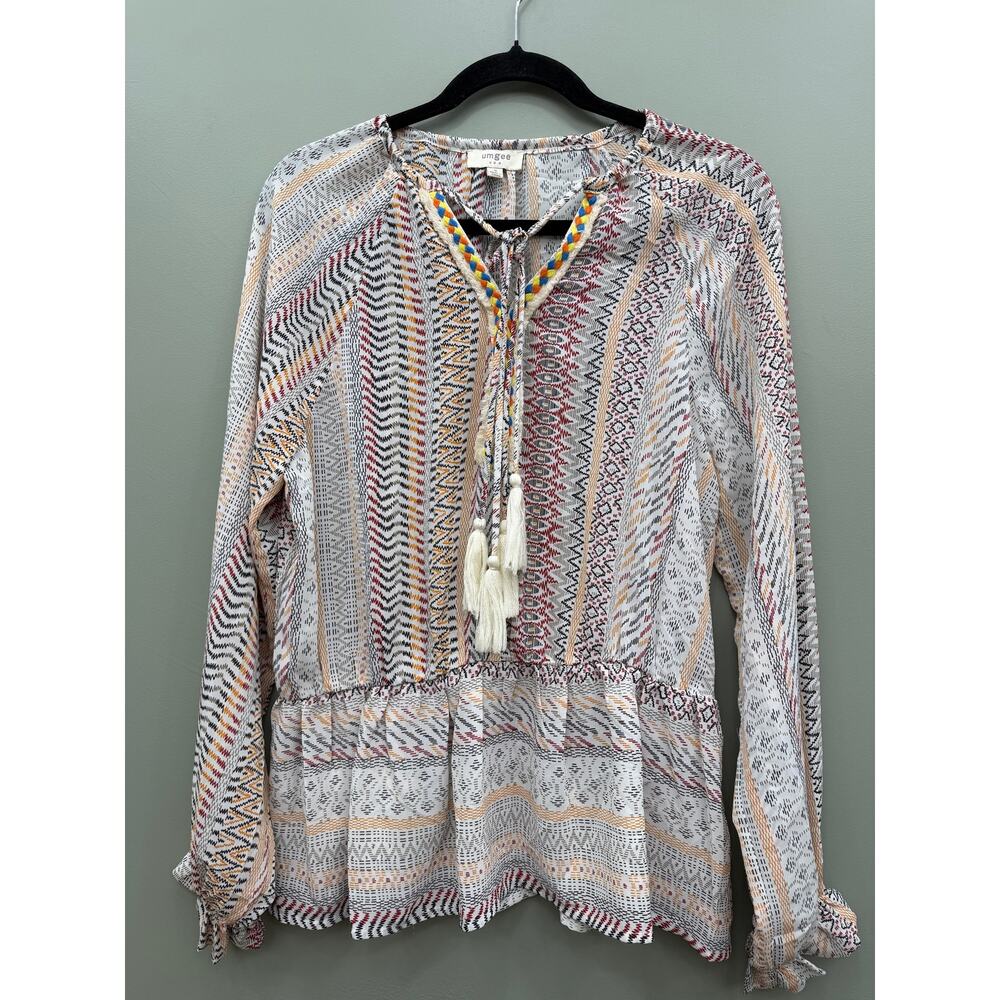 Umgee Boho Geometric Peplum Blouse S Tassel Tie Western Ruffle Sleeve - Picture 3 of 7